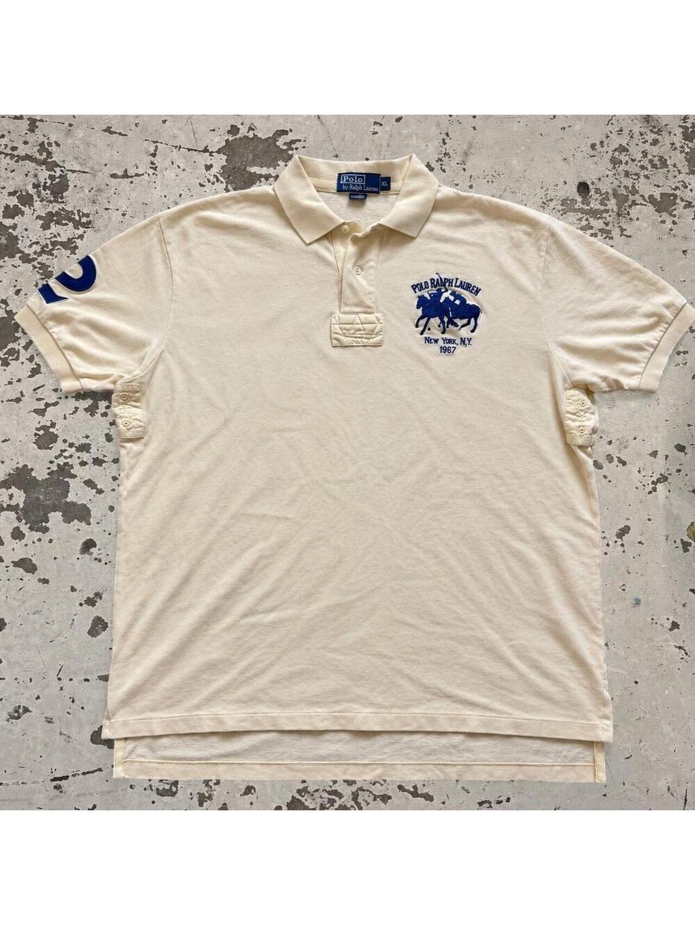 Mens Vintage Polo Ralph Lauren rugby cream cotton polo shirt Size XL